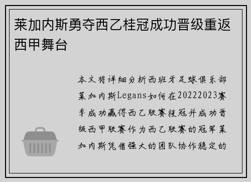 莱加内斯勇夺西乙桂冠成功晋级重返西甲舞台 莱加内斯勇夺西乙桂冠成功晋级重返西甲舞台
